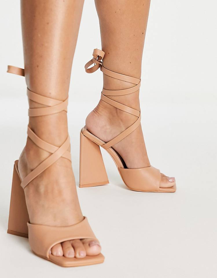 Public Desire Mojito tie up block heel sandals in beige